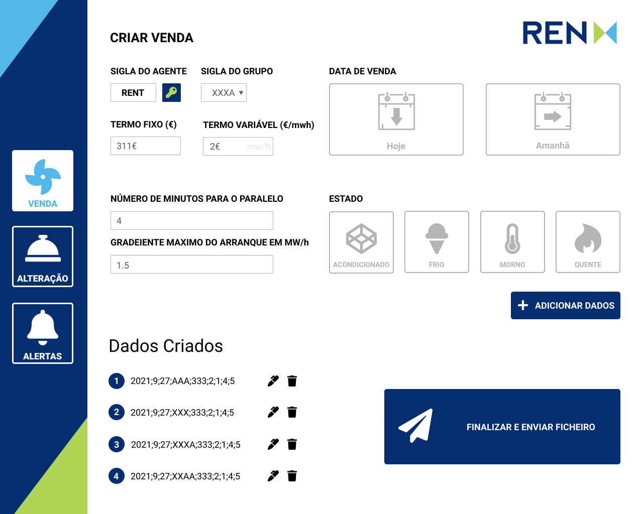 Criar Venda screen with form fields and thermal state cards