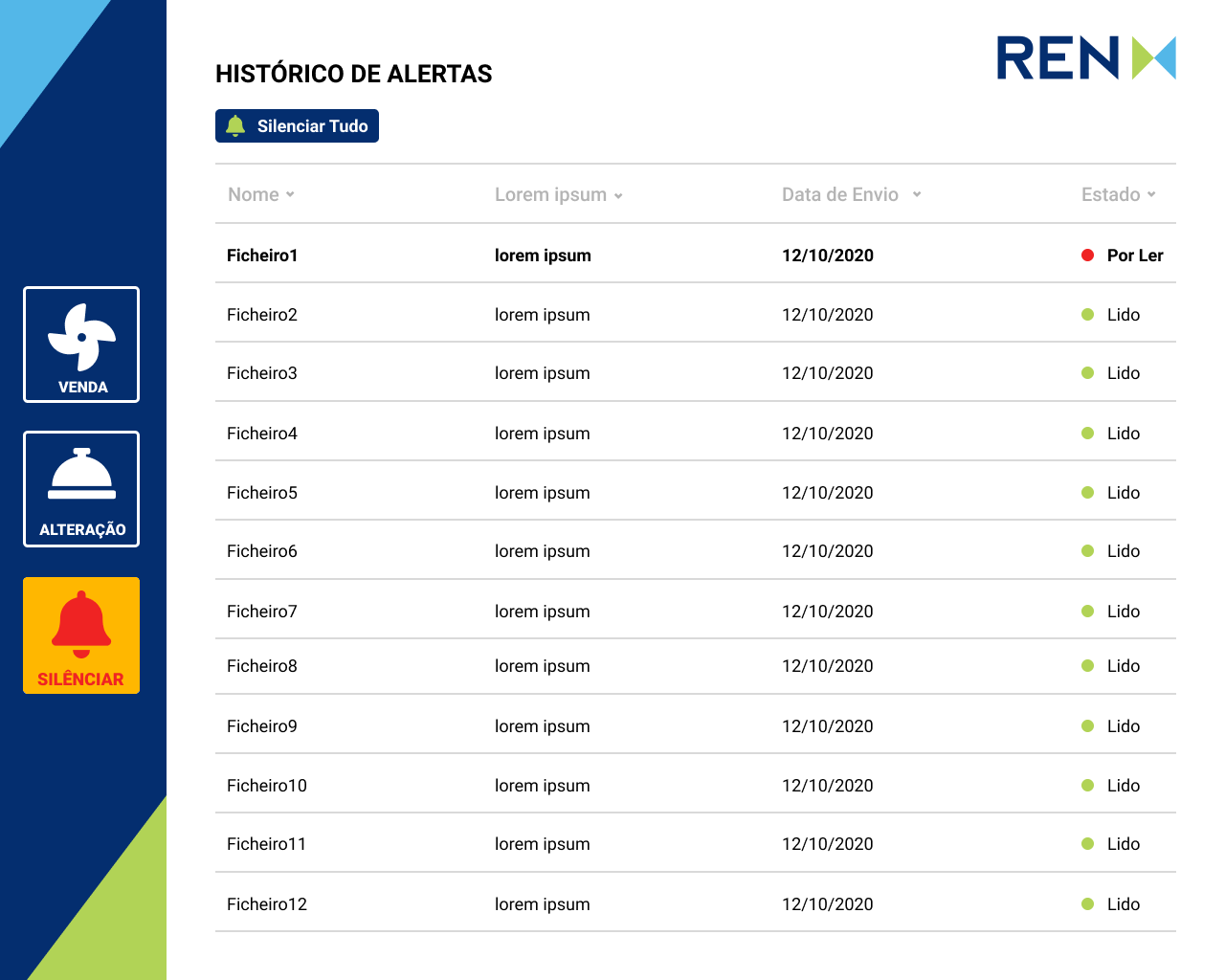 Histórico de Alertas screen with file status list