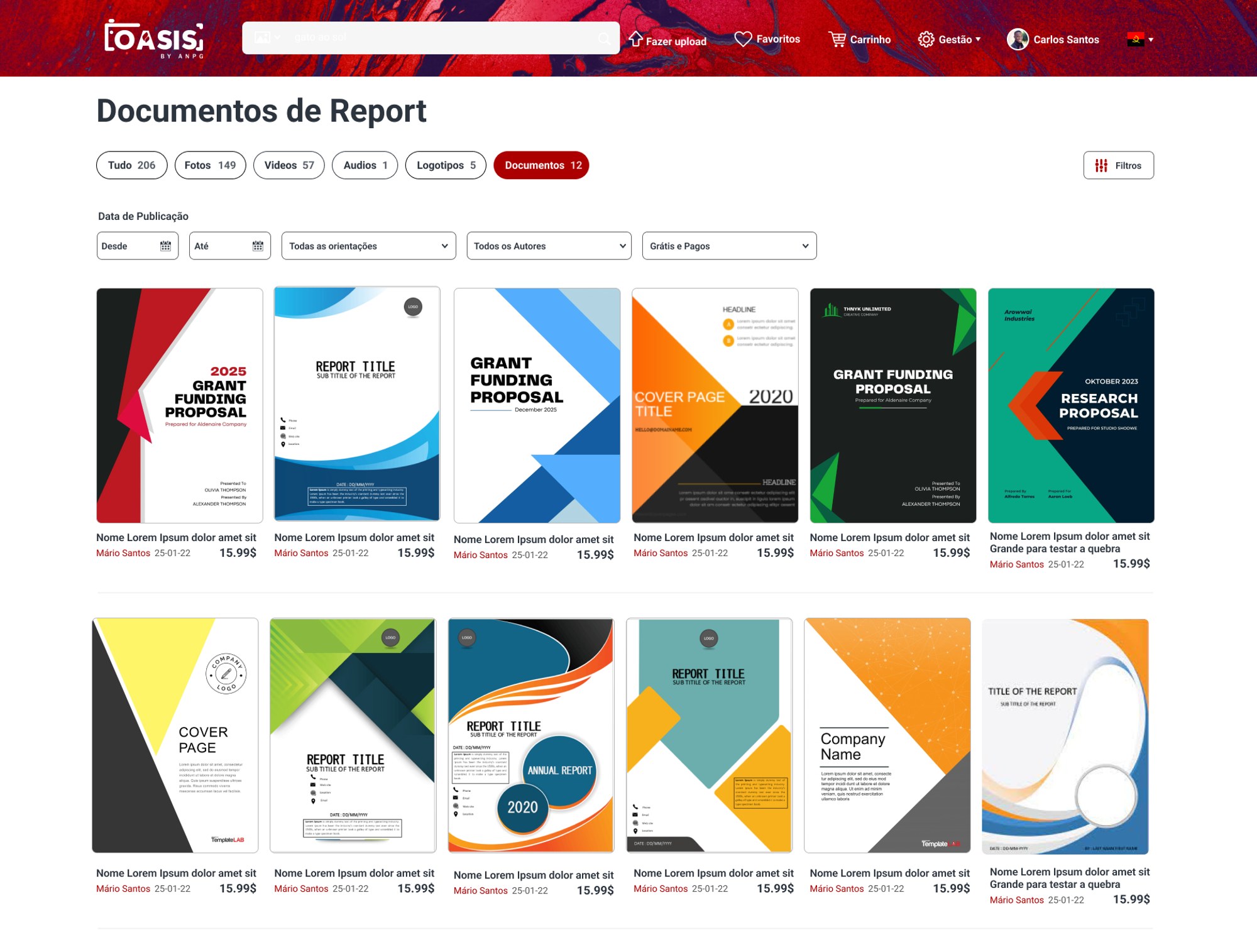 OASIS search results — documents view with filters