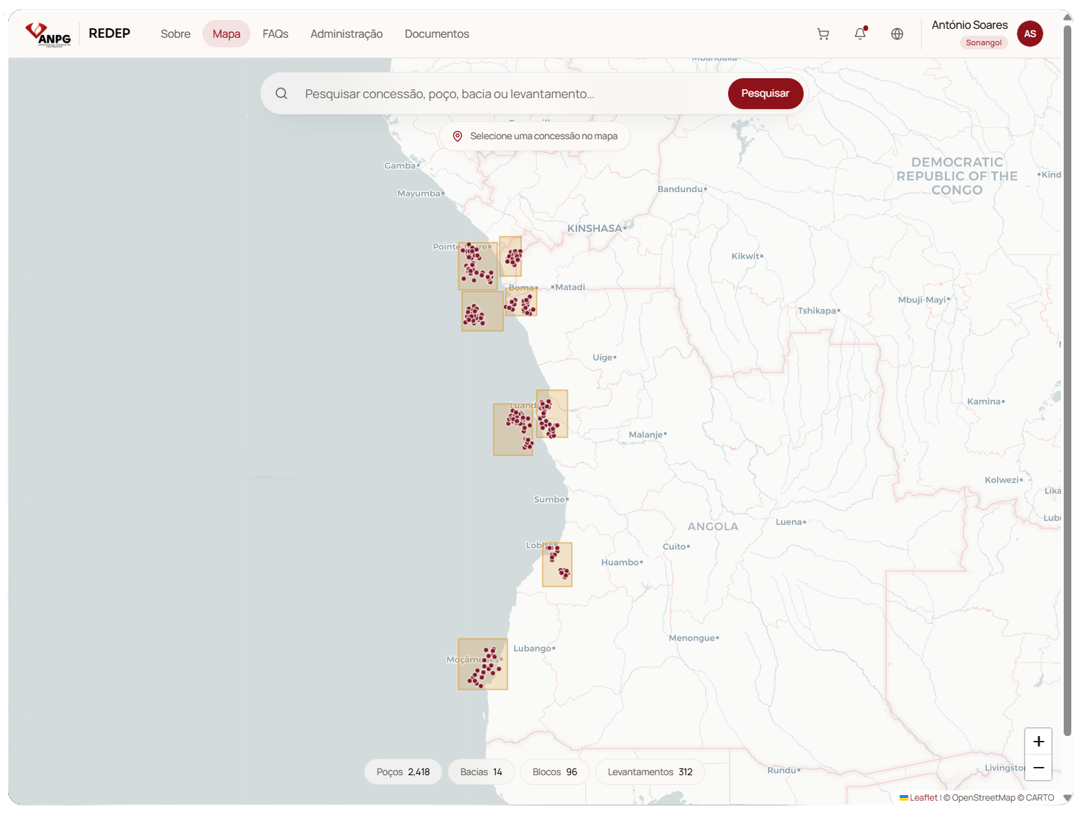 REDEP platform — map-based view of Angola's E&P concessions, wells and rigs